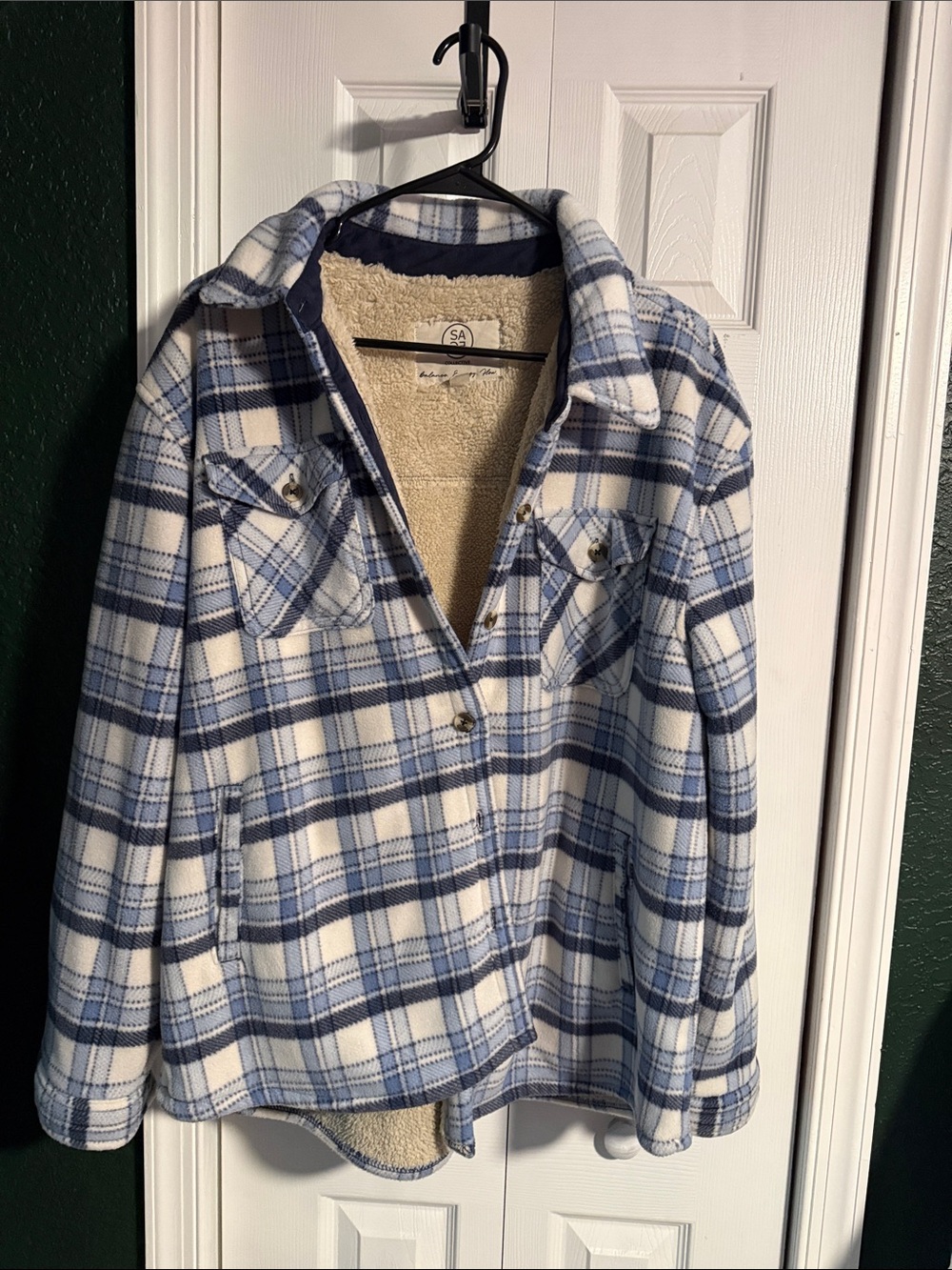 Sage Blue and White Plaid Sherpa-Lined Utility Jacket